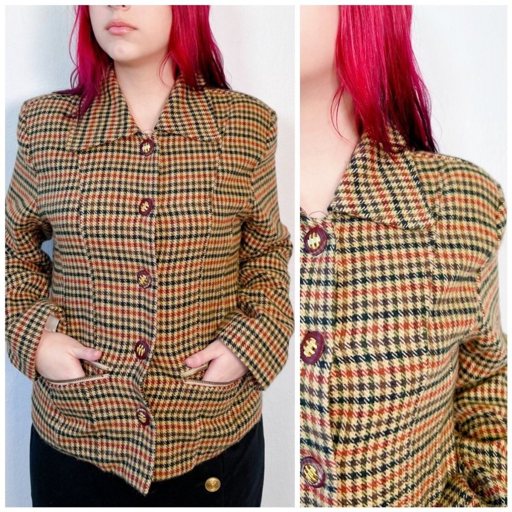 Vintage Y2K Menswear Womens Plaid Academia Blazer Size L Large Brown Preppy